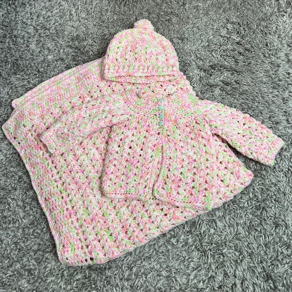 Handmade Crochet Newborn Set Pink Embroidered Blanket Cardigan Hat